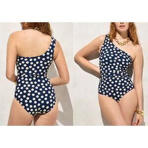 J.Crew | NWT Ruched one-shoulder One-Piece Navy Cream Dot Dark Evening Tan Sz 4